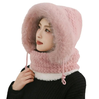 Thermal Hooded Scarf and Plush Hat Set for Women - Windproof with Ear Coverage