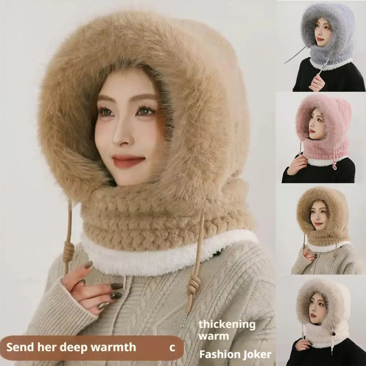 Thermal Hooded Scarf and Plush Hat Set for Women - Windproof with Ear Coverage