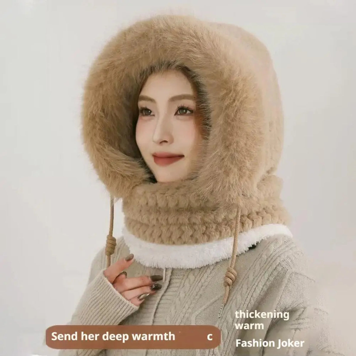 Thermal Hooded Scarf and Plush Hat Set for Women - Windproof with Ear Coverage