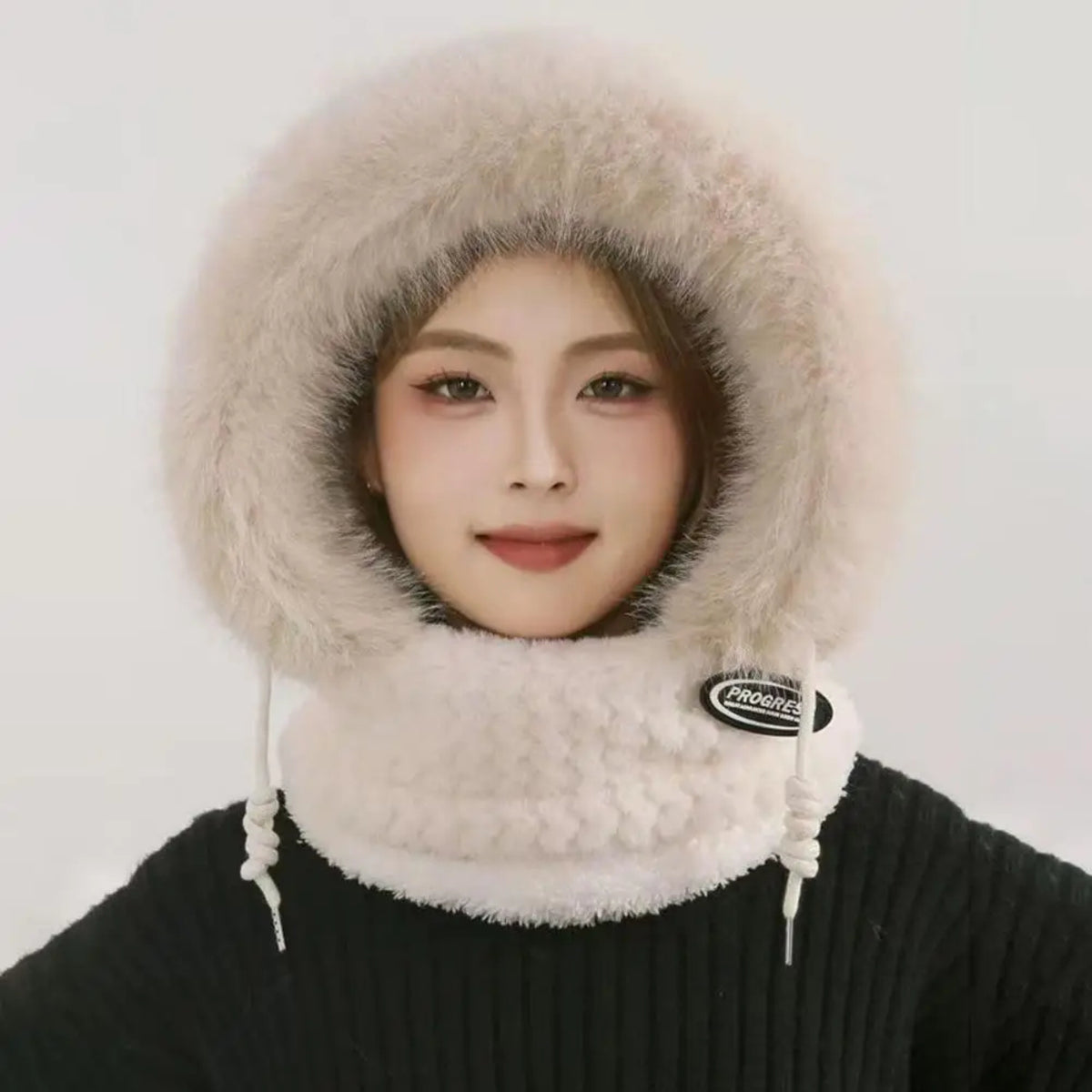 Thermal Hooded Scarf and Plush Hat Set for Women - Windproof with Ear Coverage
