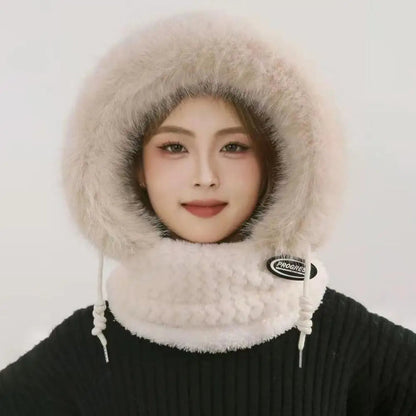 Thermal Hooded Scarf and Plush Hat Set for Women - Windproof with Ear Coverage