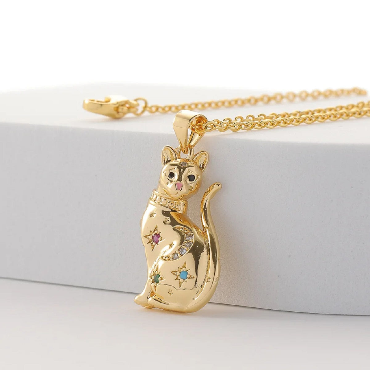 925 Sterling Silver Cat Necklace with Star in Gold Finish