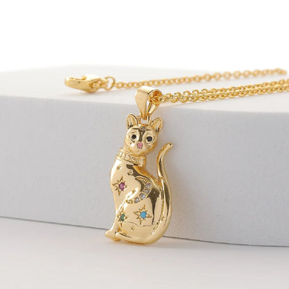 925 Sterling Silver Cat Necklace with Star in Gold Finish