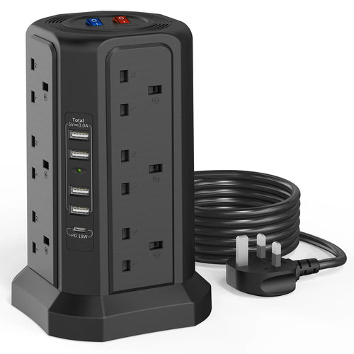 12-Outlet Tower Power Strip with 1.8m Cable and 18W USB-C Fast Charger