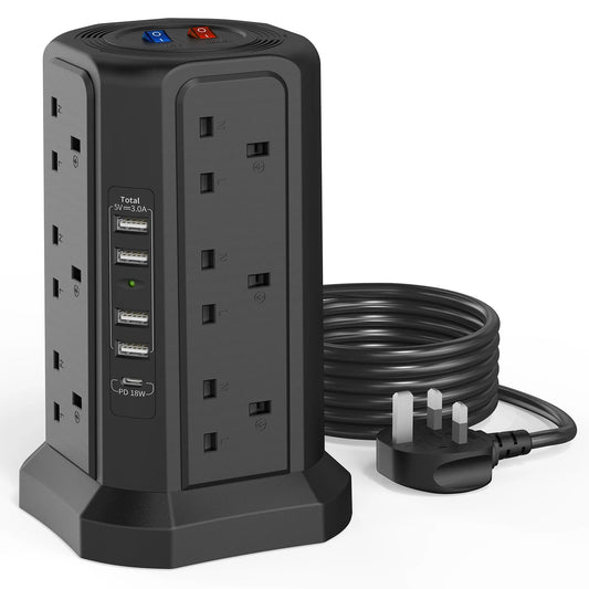 12-Outlet Tower Power Strip with 1.8m Cable and 18W USB-C Fast Charger