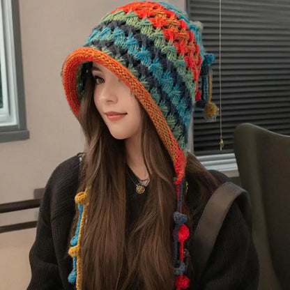 Winter Warm Wool Hat for Women - Colorful Knit Beanie with Ear Cover