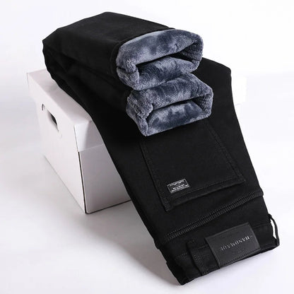 Men's Slim Straight Denim Pants - Warm Elastic Fleece Lined for Winter