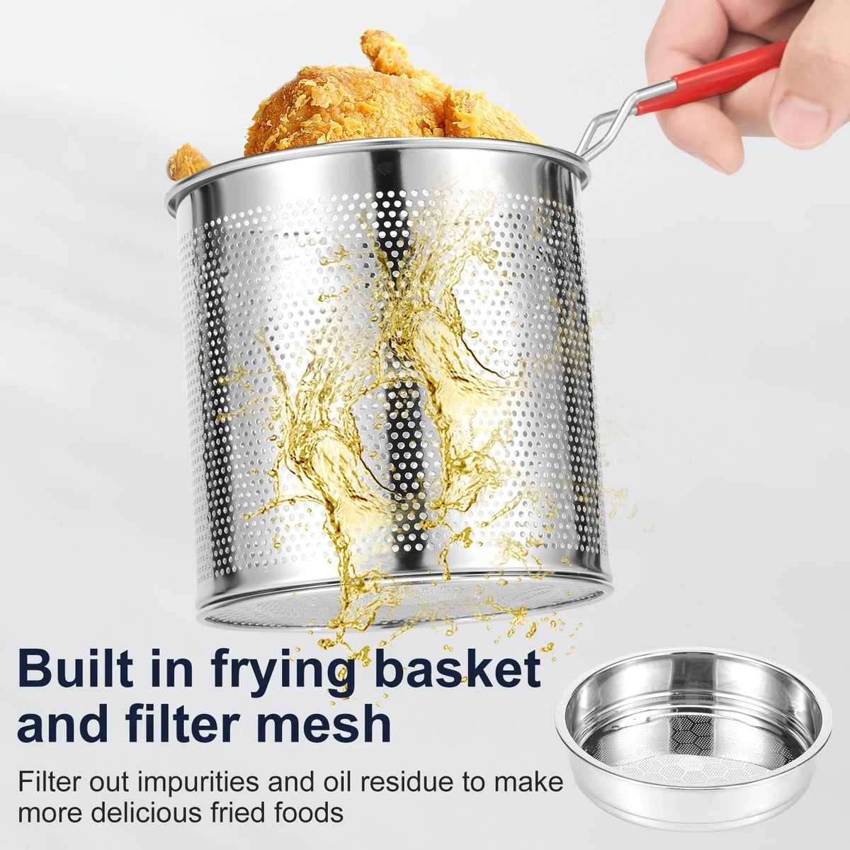 Deep Fryer Pot in Stainless Steel - Includes Strainer Basket and Handle