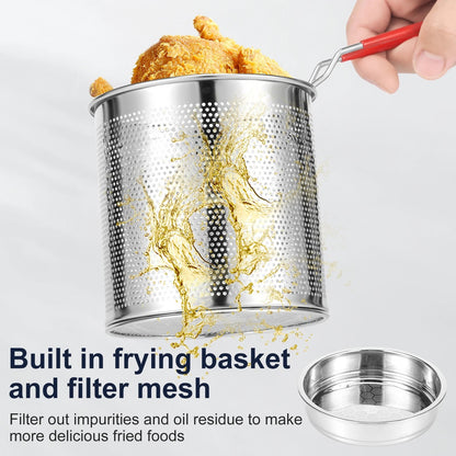 Deep Fryer Pot in Stainless Steel - Includes Strainer Basket and Handle