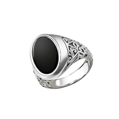 Black Oval Signet Ring in Vintage 925 Sterling Silver