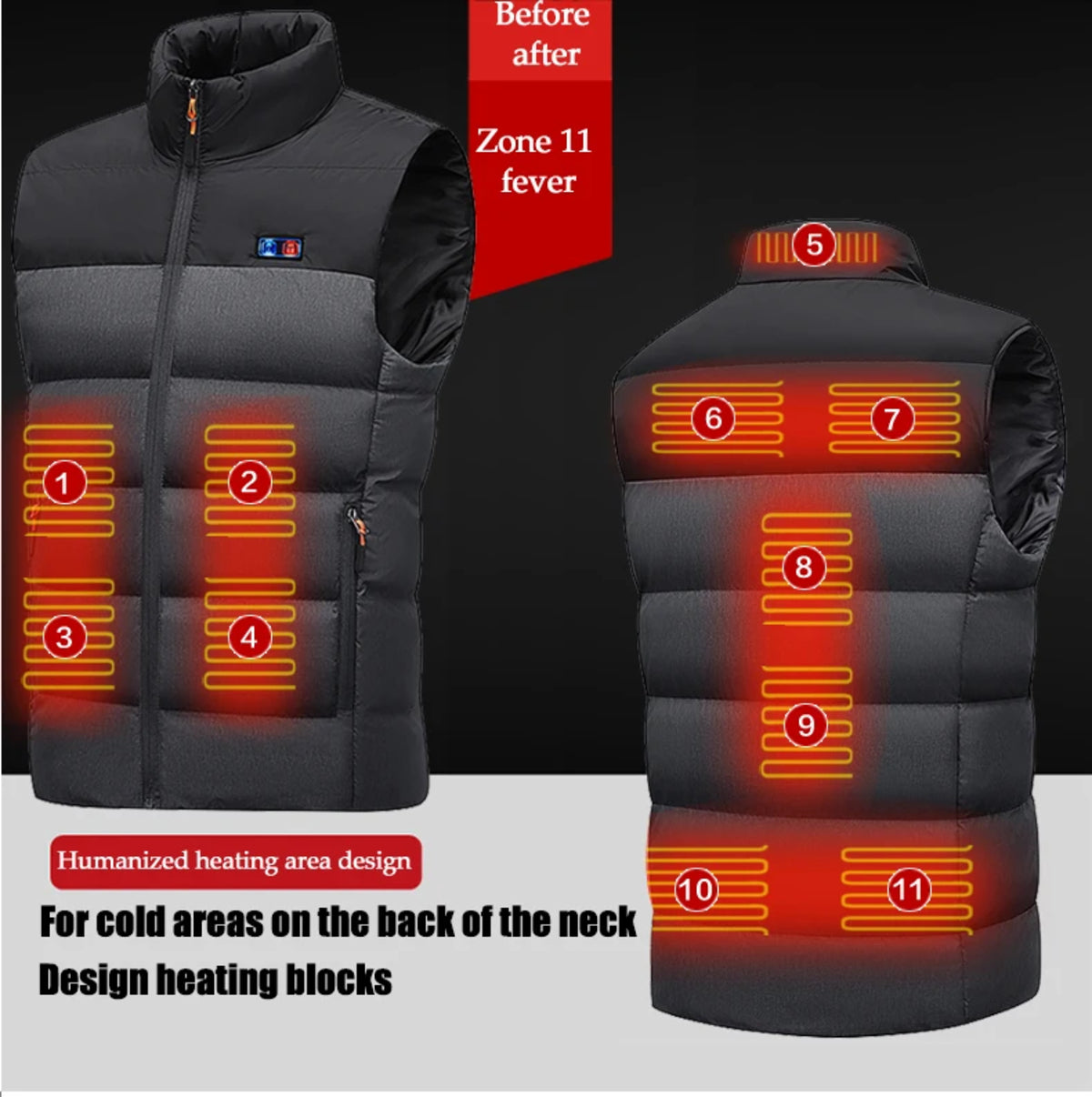 Electric Winter Vest with 11 Heating Zones - Sleeveless Jacket