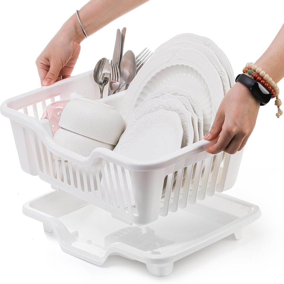 Sink Dish Drying Rack - Heavy Duty Drainer with Cup Holders and Drainboard