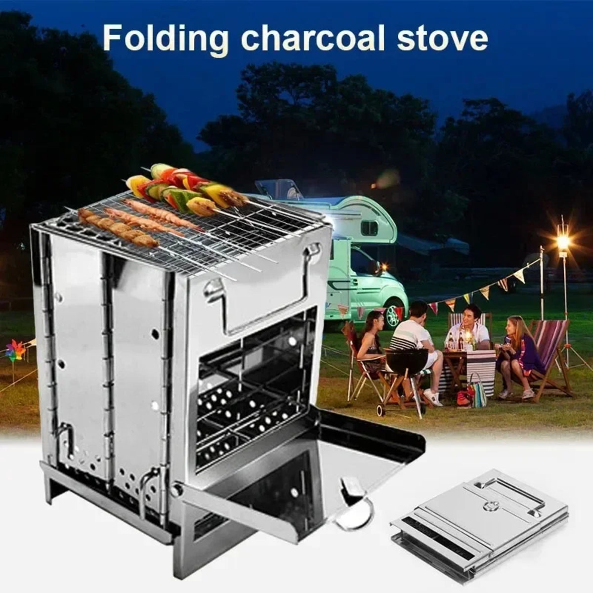 Foldable Camping BBQ Grill - Portable Stainless Steel Wood Stove