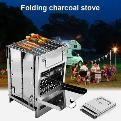 Foldable Camping BBQ Grill - Portable Stainless Steel Wood Stove