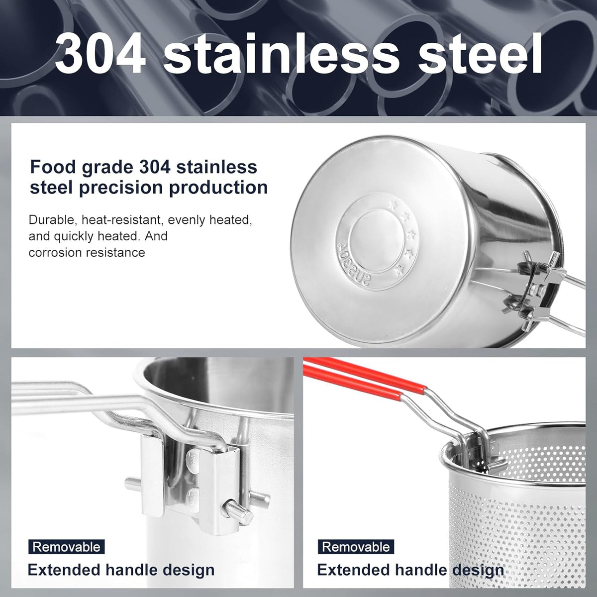 Deep Fryer Pot in Stainless Steel - Includes Strainer Basket and Handle