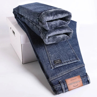 Men's Slim Straight Denim Pants - Warm Elastic Fleece Lined for Winter