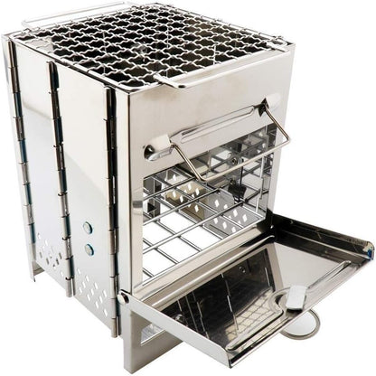 Foldable Camping BBQ Grill - Portable Stainless Steel Wood Stove