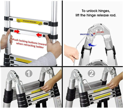 Aluminium A-Frame Ladder - 3.8M/5M Telescopic, Non-Slip, 330.8 Lbs