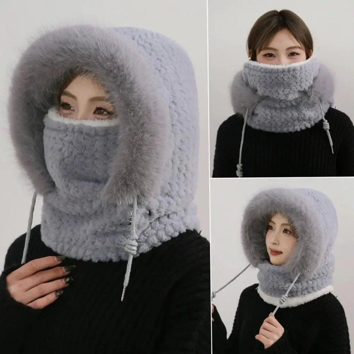 Thermal Hooded Scarf and Plush Hat Set for Women - Windproof with Ear Coverage