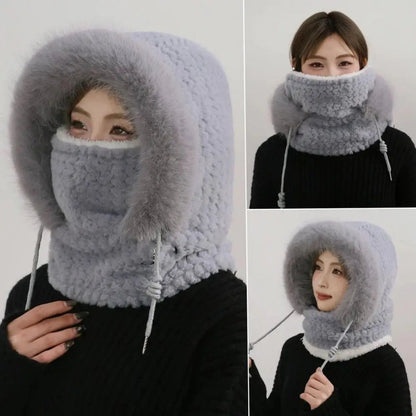 Thermal Hooded Scarf and Plush Hat Set for Women - Windproof with Ear Coverage