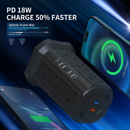 12-Outlet Tower Power Strip with 1.8m Cable and 18W USB-C Fast Charger