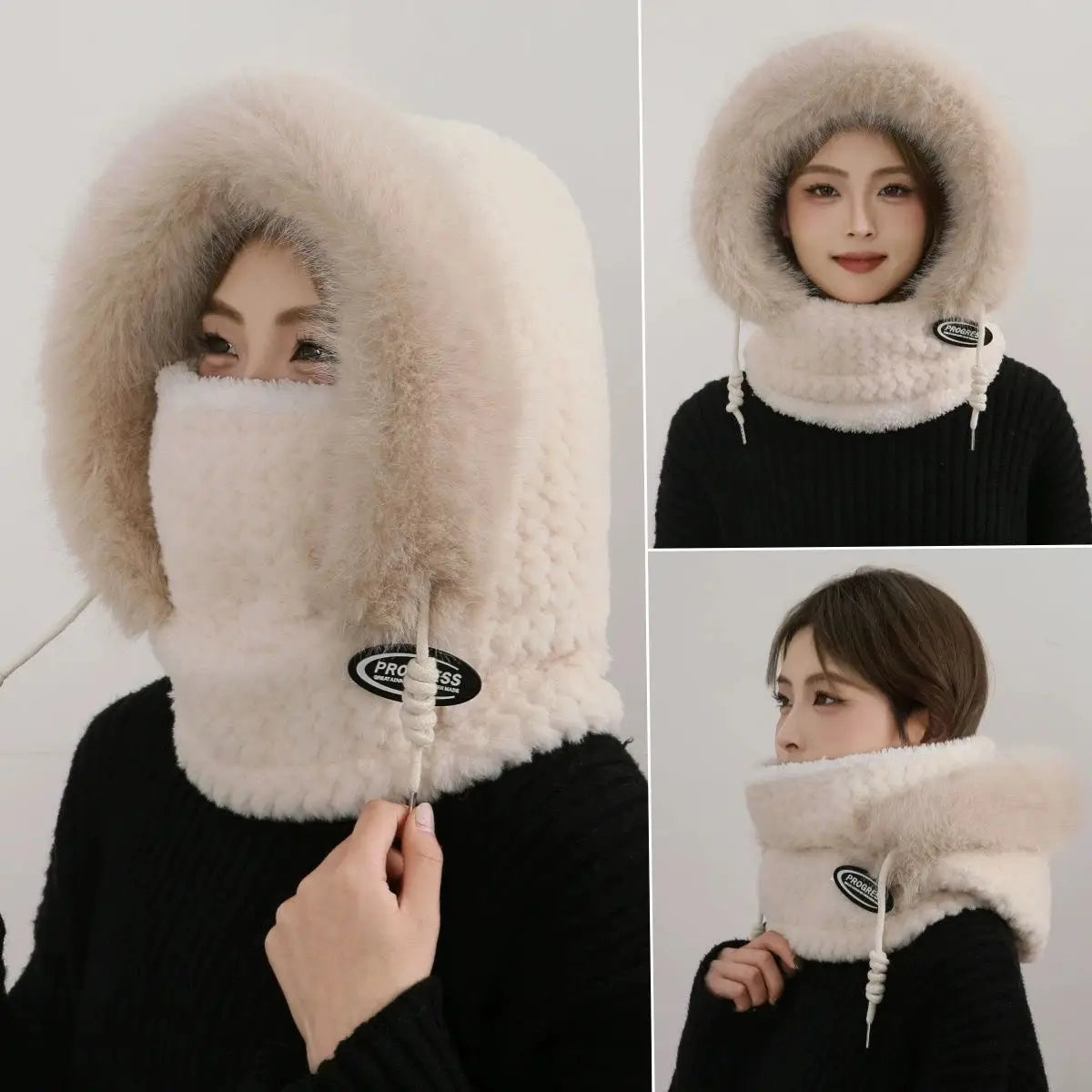 Thermal Hooded Scarf and Plush Hat Set for Women - Windproof with Ear Coverage