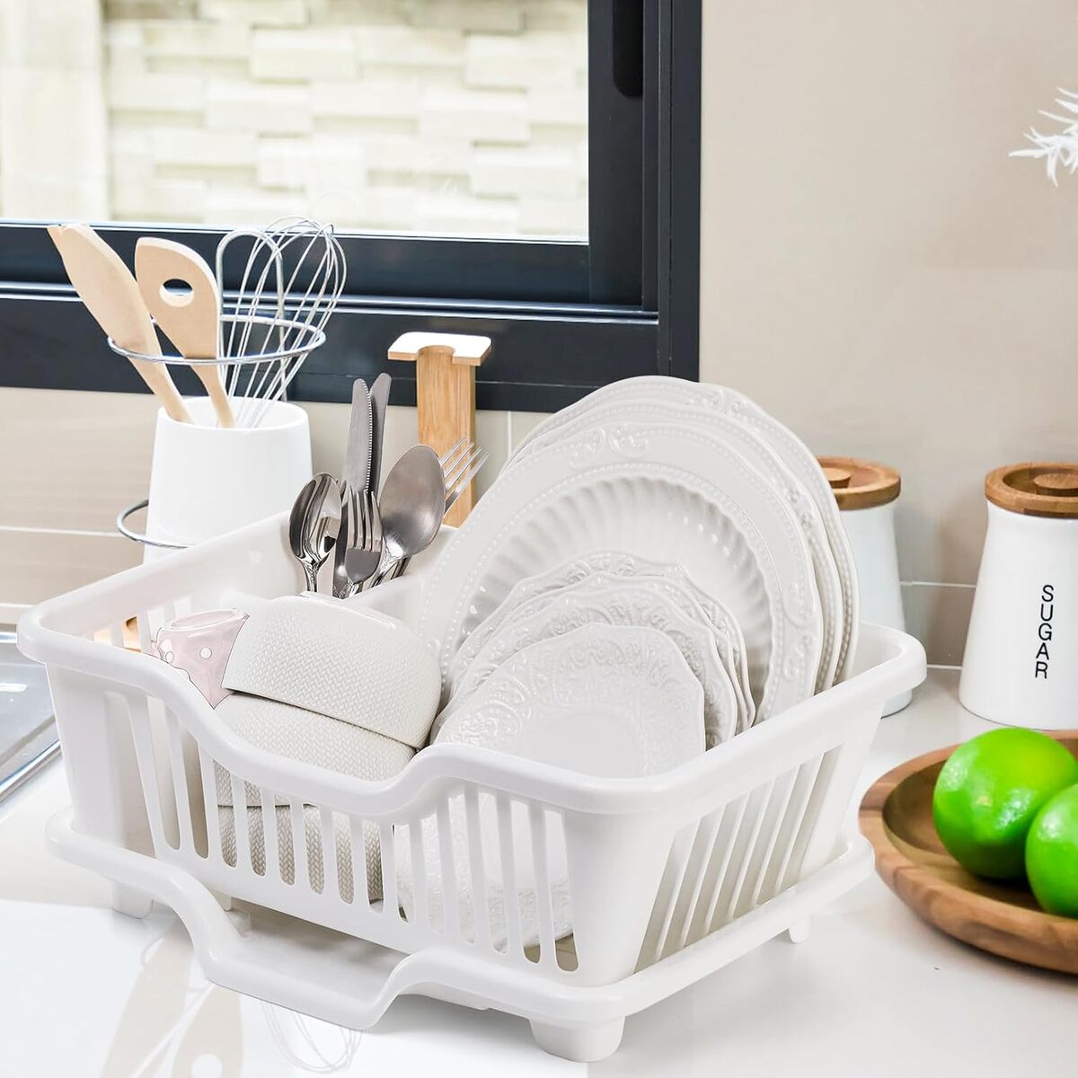 Sink Dish Drying Rack - Heavy Duty Drainer with Cup Holders and Drainboard