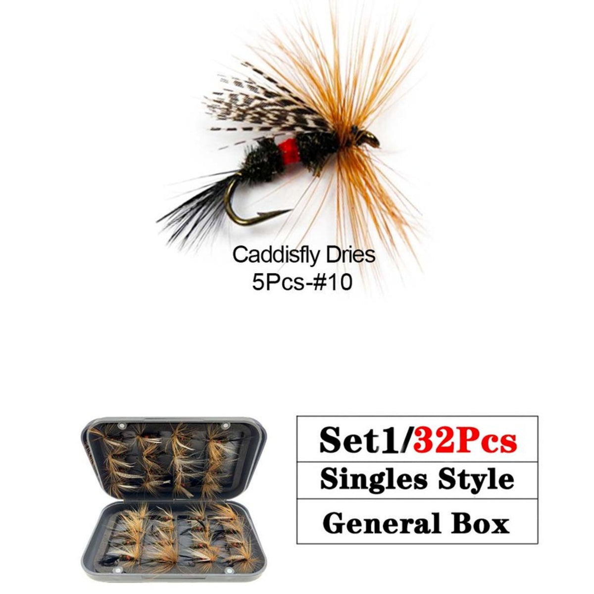 32-112 Piece Fly Fishing Lure Collection - Dry and Wet Flies with Box