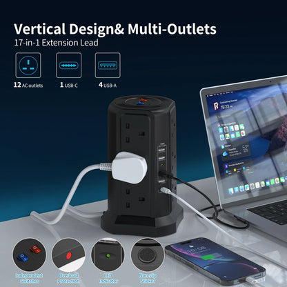 12-Outlet Tower Power Strip with 1.8m Cable and 18W USB-C Fast Charger