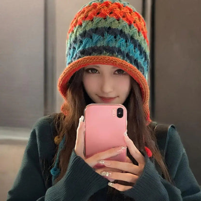 Winter Warm Wool Hat for Women - Colorful Knit Beanie with Ear Cover