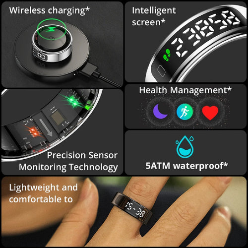 Health Tracker Smart Ring with Touchscreen Display and Wireless Charging