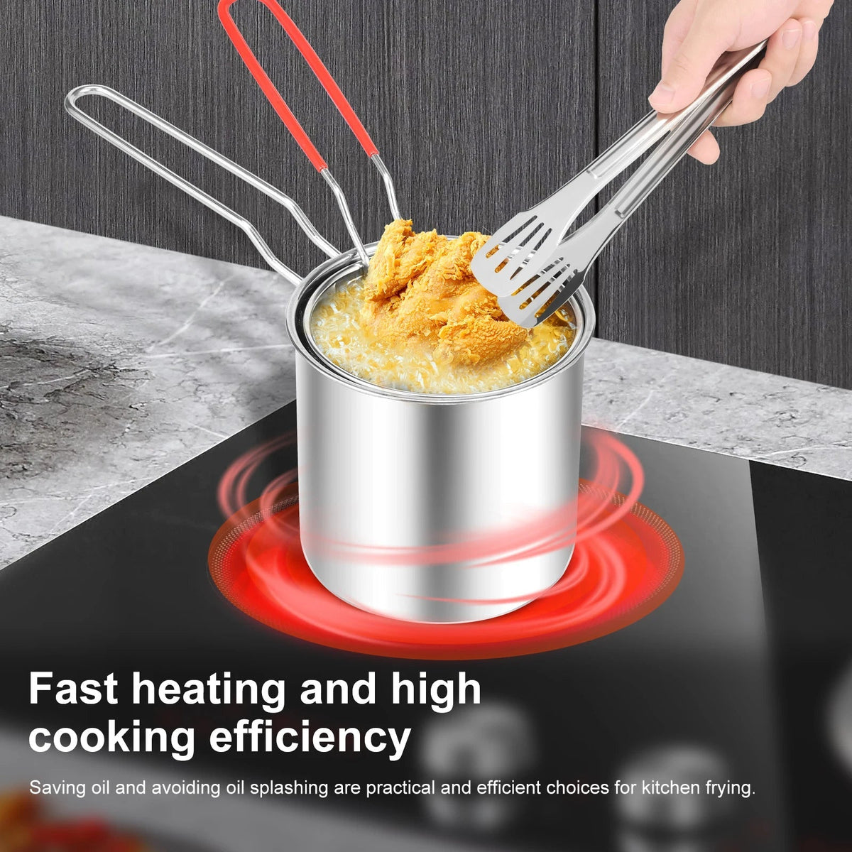 Deep Fryer Pot in Stainless Steel - Includes Strainer Basket and Handle