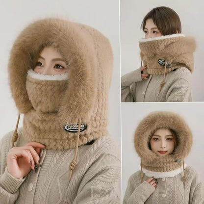 Thermal Hooded Scarf and Plush Hat Set for Women - Windproof with Ear Coverage