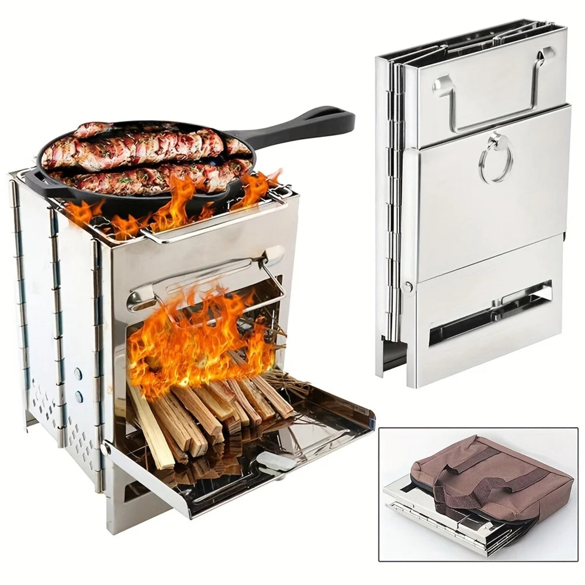 Foldable Camping BBQ Grill - Portable Stainless Steel Wood Stove