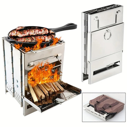 Foldable Camping BBQ Grill - Portable Stainless Steel Wood Stove