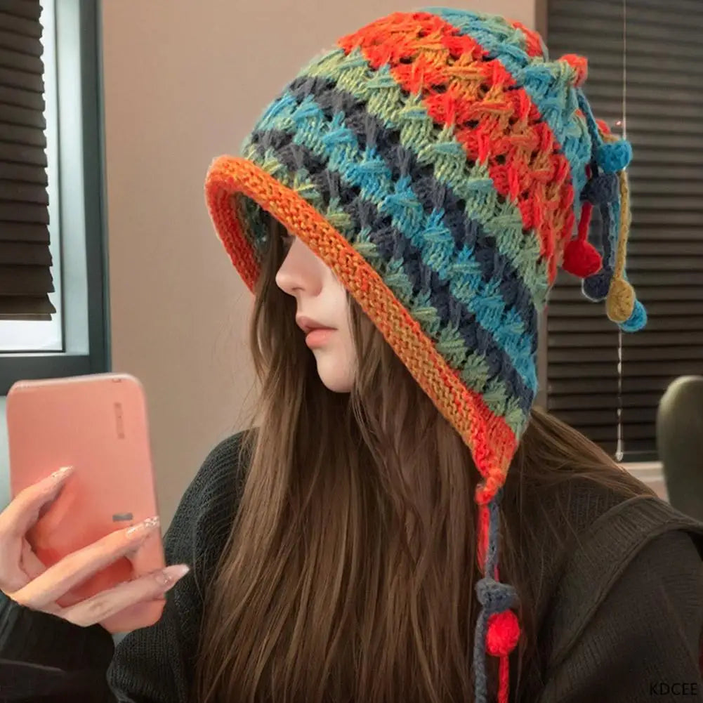 Winter Warm Wool Hat for Women - Colorful Knit Beanie with Ear Cover