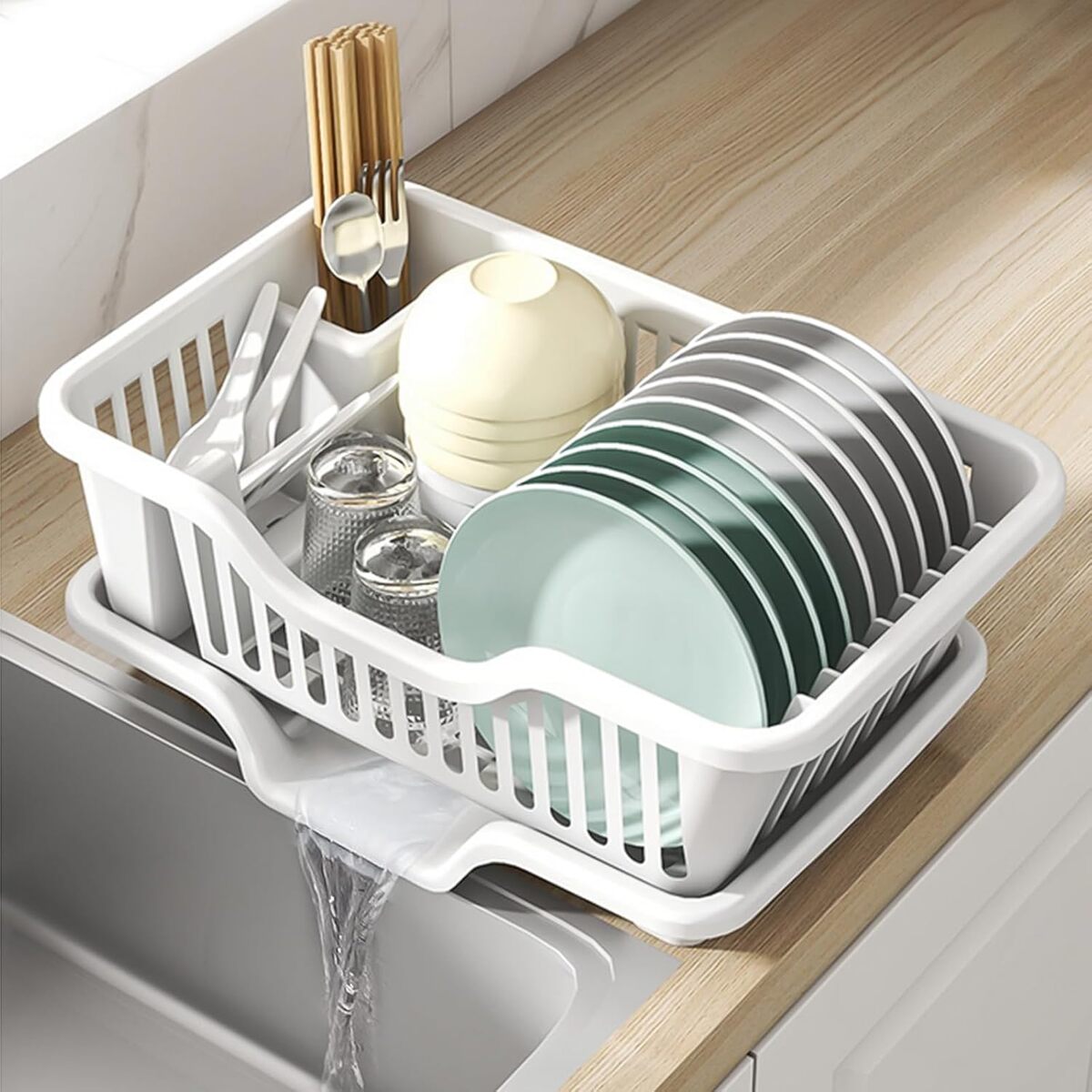 Sink Dish Drying Rack - Heavy Duty Drainer with Cup Holders and Drainboard