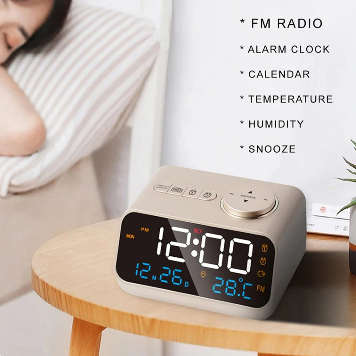 LED Bedside Alarm Clock Radio with Temperature and Humidity Display
