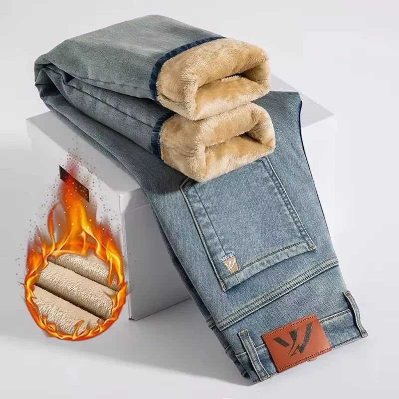 Warm Stretch Straight Denim Jeans for Men - Fleece-Lined Winter Style