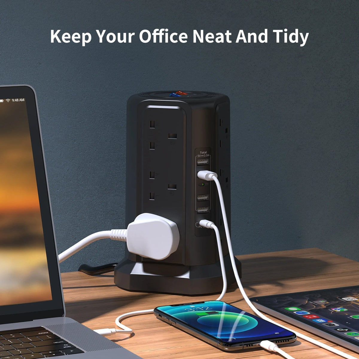 12-Outlet Tower Power Strip with 1.8m Cable and 18W USB-C Fast Charger