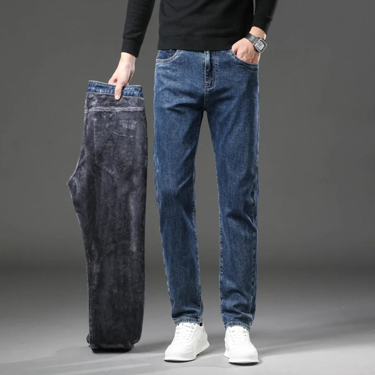 Men's Slim Straight Denim Pants - Warm Elastic Fleece Lined for Winter