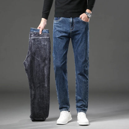 Men's Slim Straight Denim Pants - Warm Elastic Fleece Lined for Winter