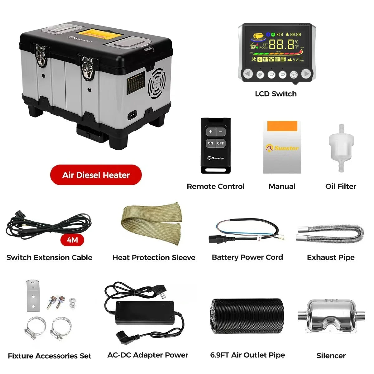 8KW Diesel Air Heater with LCD and Bluetooth for Car, RV, Camper - 12V/24V/230V