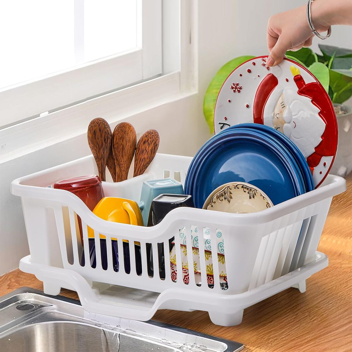 Sink Dish Drying Rack - Heavy Duty Drainer with Cup Holders and Drainboard