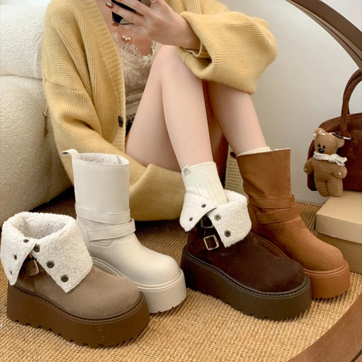 Fur Lined Outdoor Shoes for Women - Thick Sole Platform Snow Boots