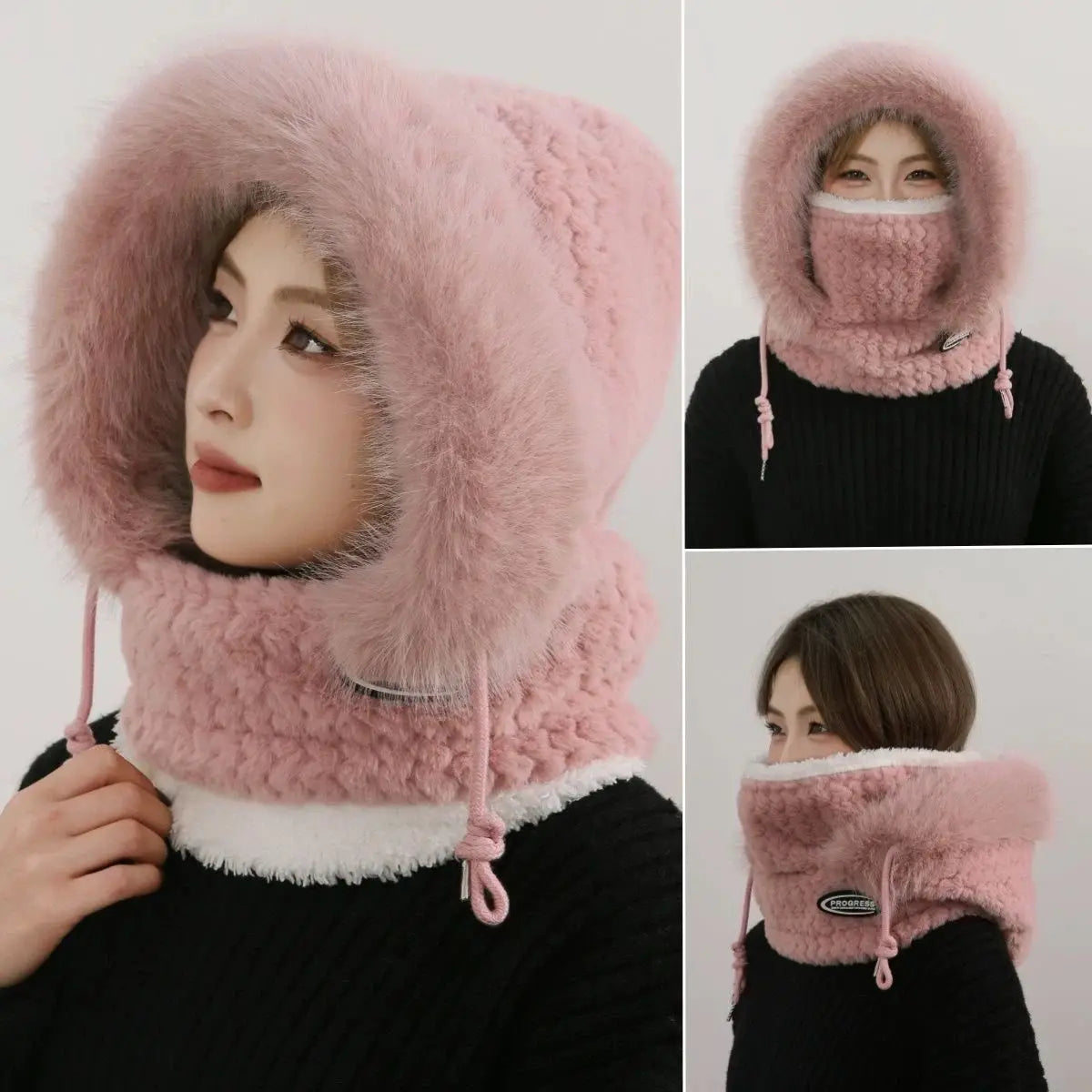Thermal Hooded Scarf and Plush Hat Set for Women - Windproof with Ear Coverage