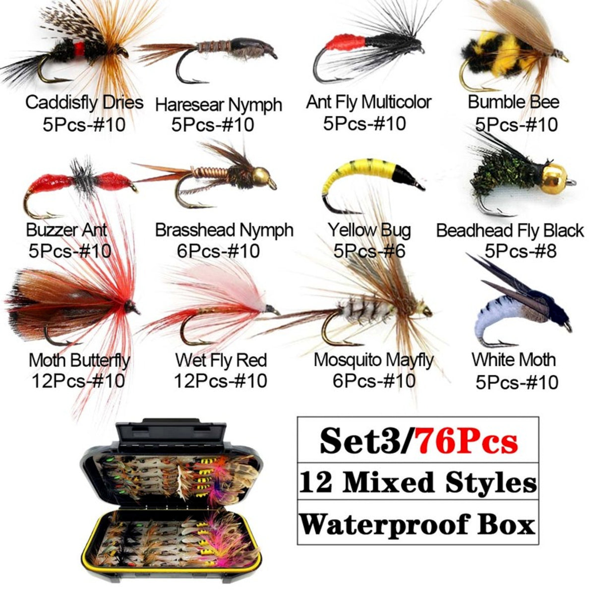 32-112 Piece Fly Fishing Lure Collection - Dry and Wet Flies with Box