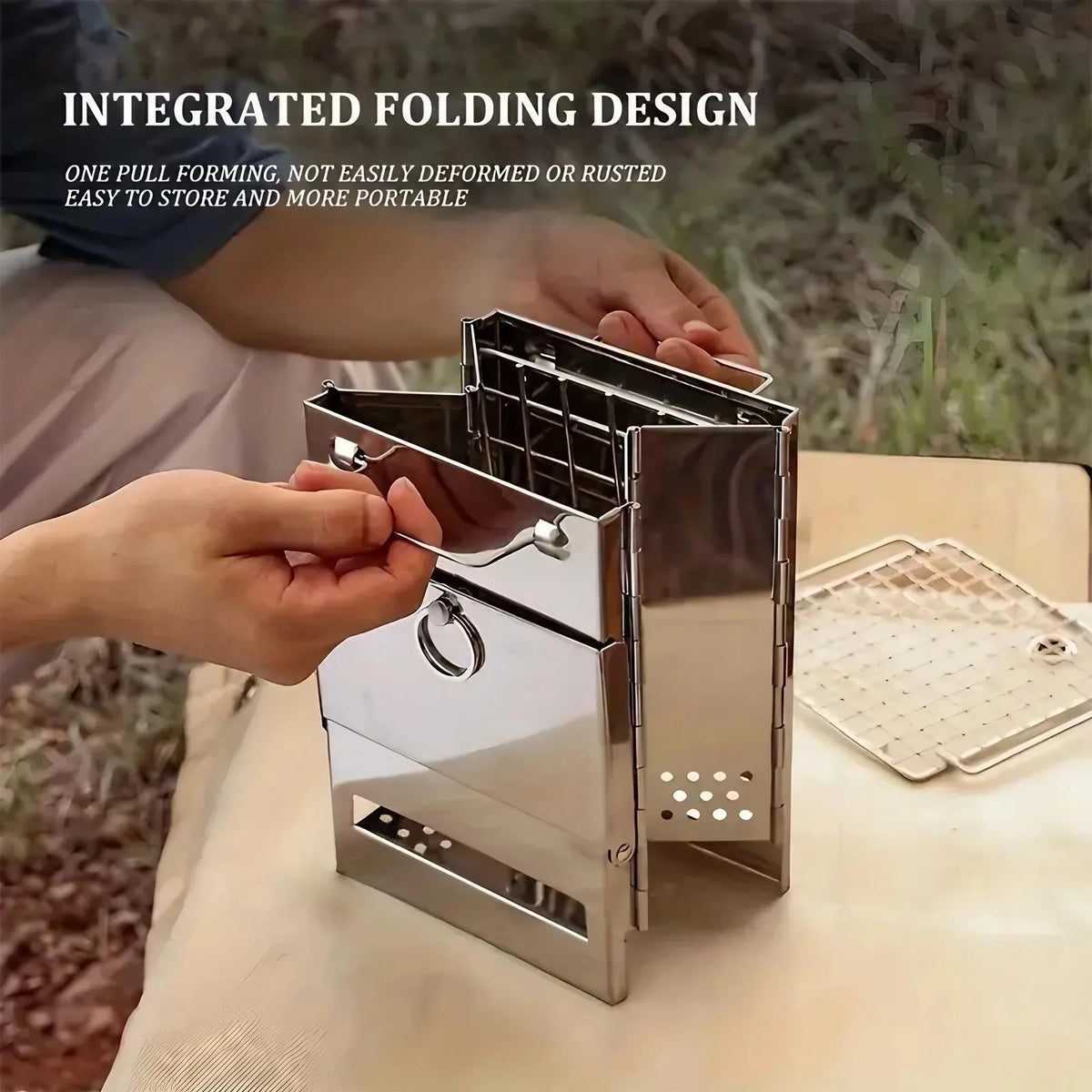 Foldable Camping BBQ Grill - Portable Stainless Steel Wood Stove