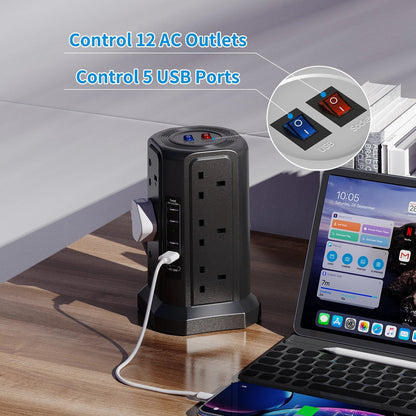 12-Outlet Tower Power Strip with 1.8m Cable and 18W USB-C Fast Charger