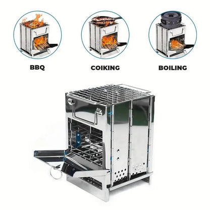 Foldable Camping BBQ Grill - Portable Stainless Steel Wood Stove